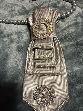 Silver Satin Jeweled Brooch Ascot Tie Necklace.